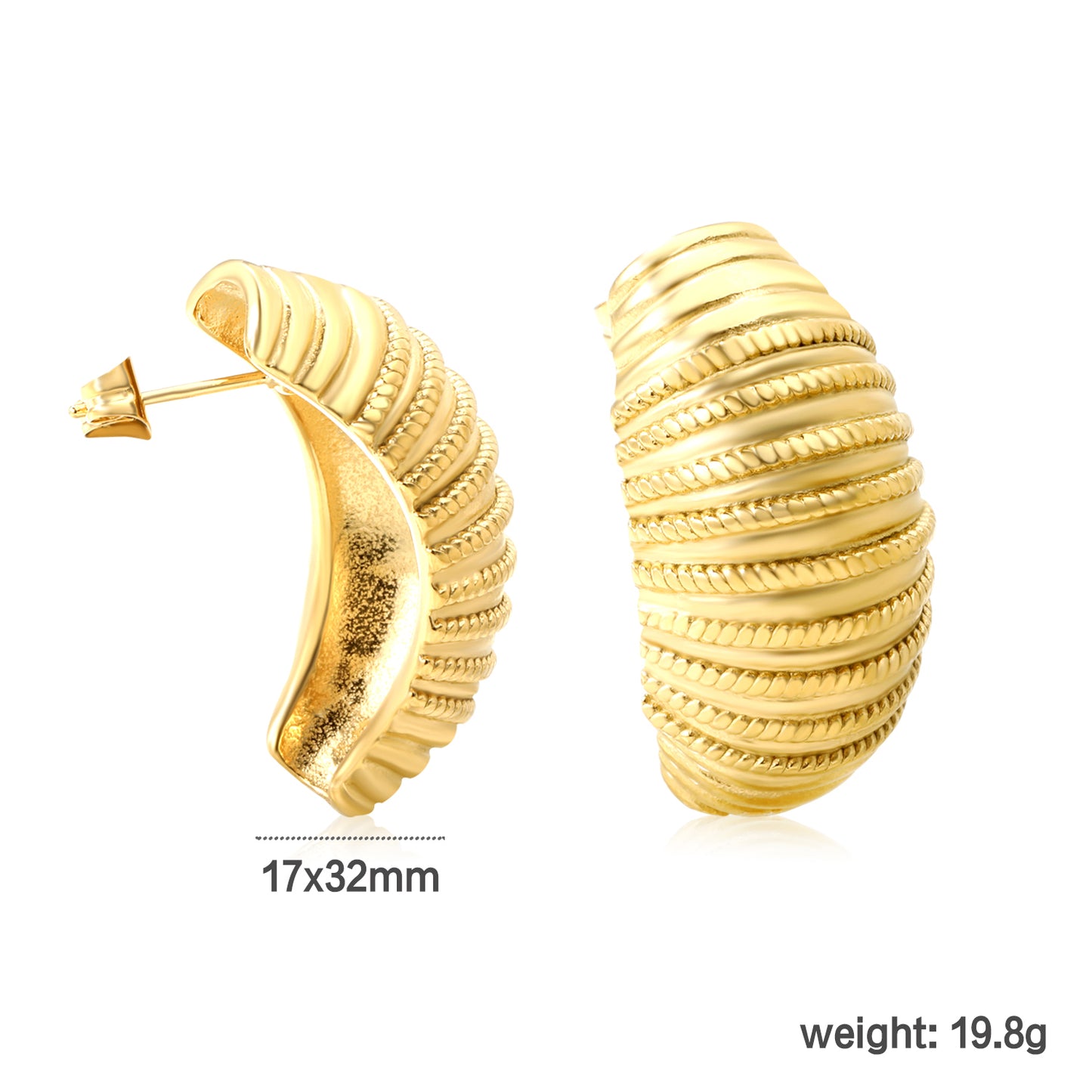 Wholesale Stainless Steel Luxe Arched Twisted Texture Studsdimension diagram with measurements