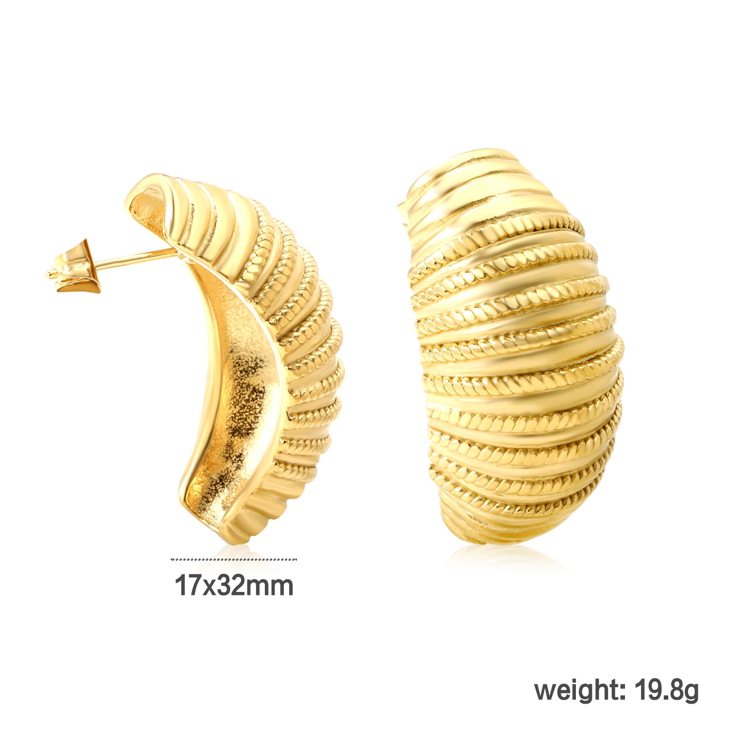 Wholesale Stainless Steel Luxe Arched Twisted Texture Studsdimension diagram with measurements