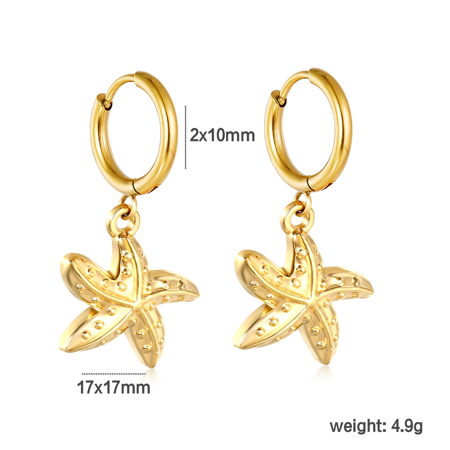 Wholesale Stainless Steel Luxe Large Starfish Charm Hoop Earringsdimension diagram with measurements