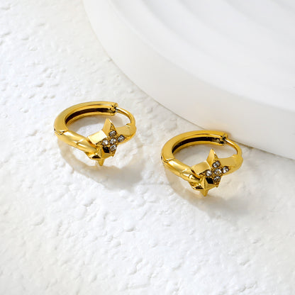 Wholesale Stainless Steel Modern Four-Point Star CZ Hoop EarringsClose-up of the light-colored ambiance