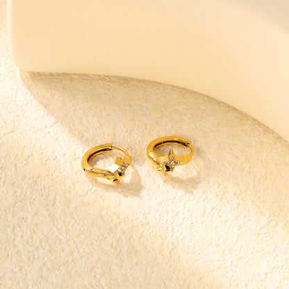 Wholesale Stainless Steel Modern Four-Point Star CZ Hoop EarringsClose-ups of the gold plating and details