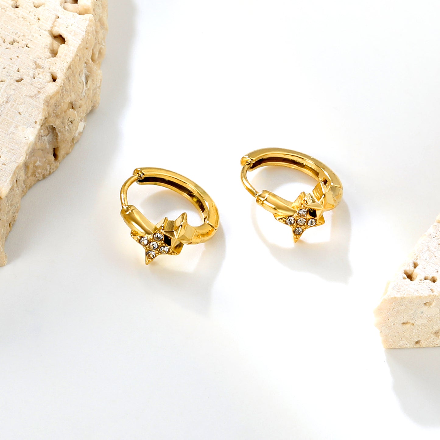 Wholesale Stainless Steel Modern Four-Point Star CZ Hoop EarringsHigh-resolution Lifestyle Photos