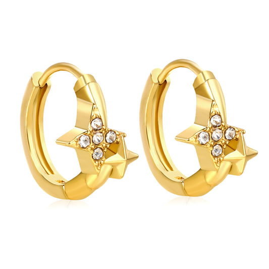 Wholesale Stainless Steel Modern Four-Point Star CZ Hoop EarringsHigh-resolution on white background