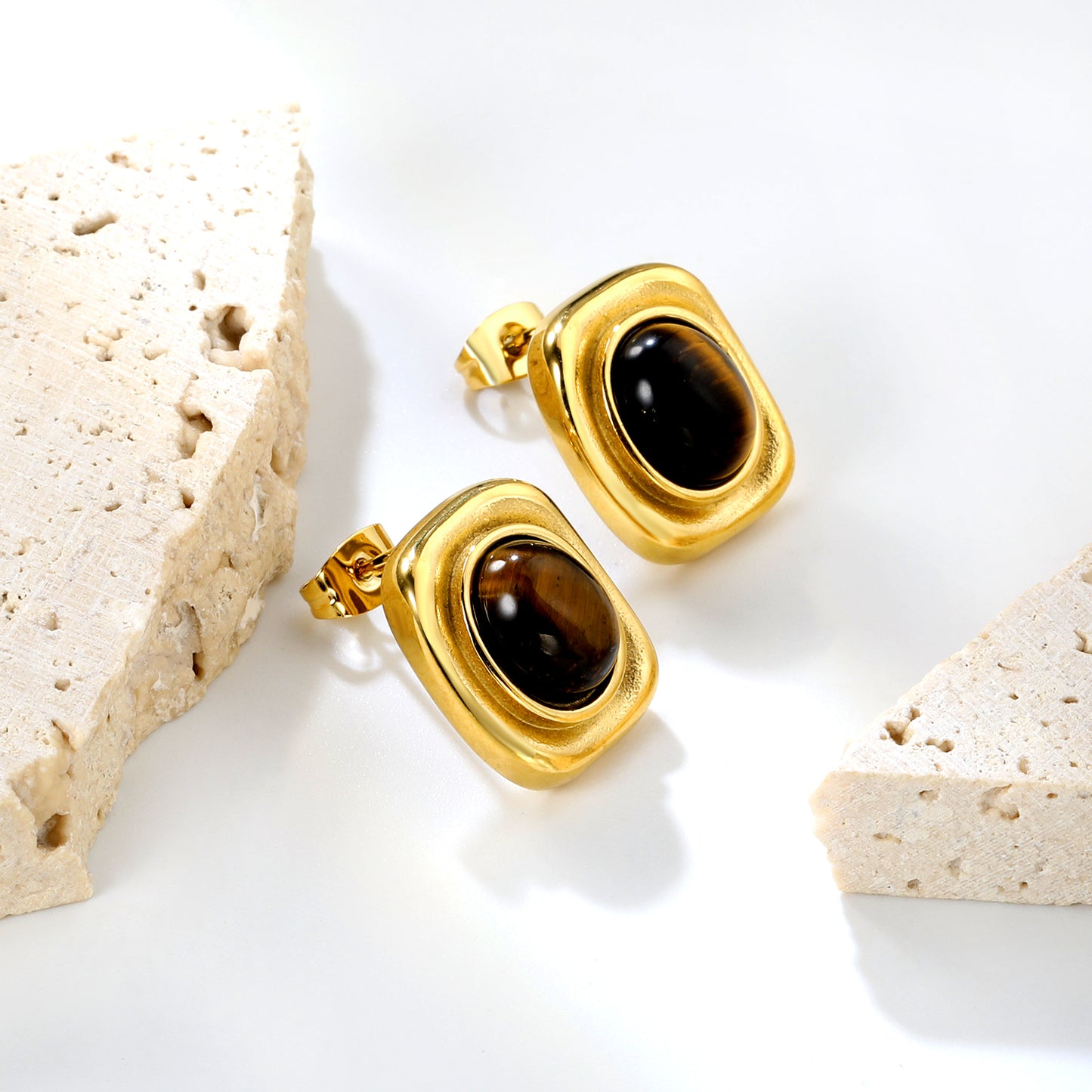 Wholesale Stainless Steel Natural Tiger Eye Stone Stud EarringsHigh-resolution Lifestyle Photos