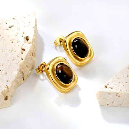 Wholesale Stainless Steel Natural Tiger Eye Stone Stud EarringsHigh-resolution Lifestyle Photos