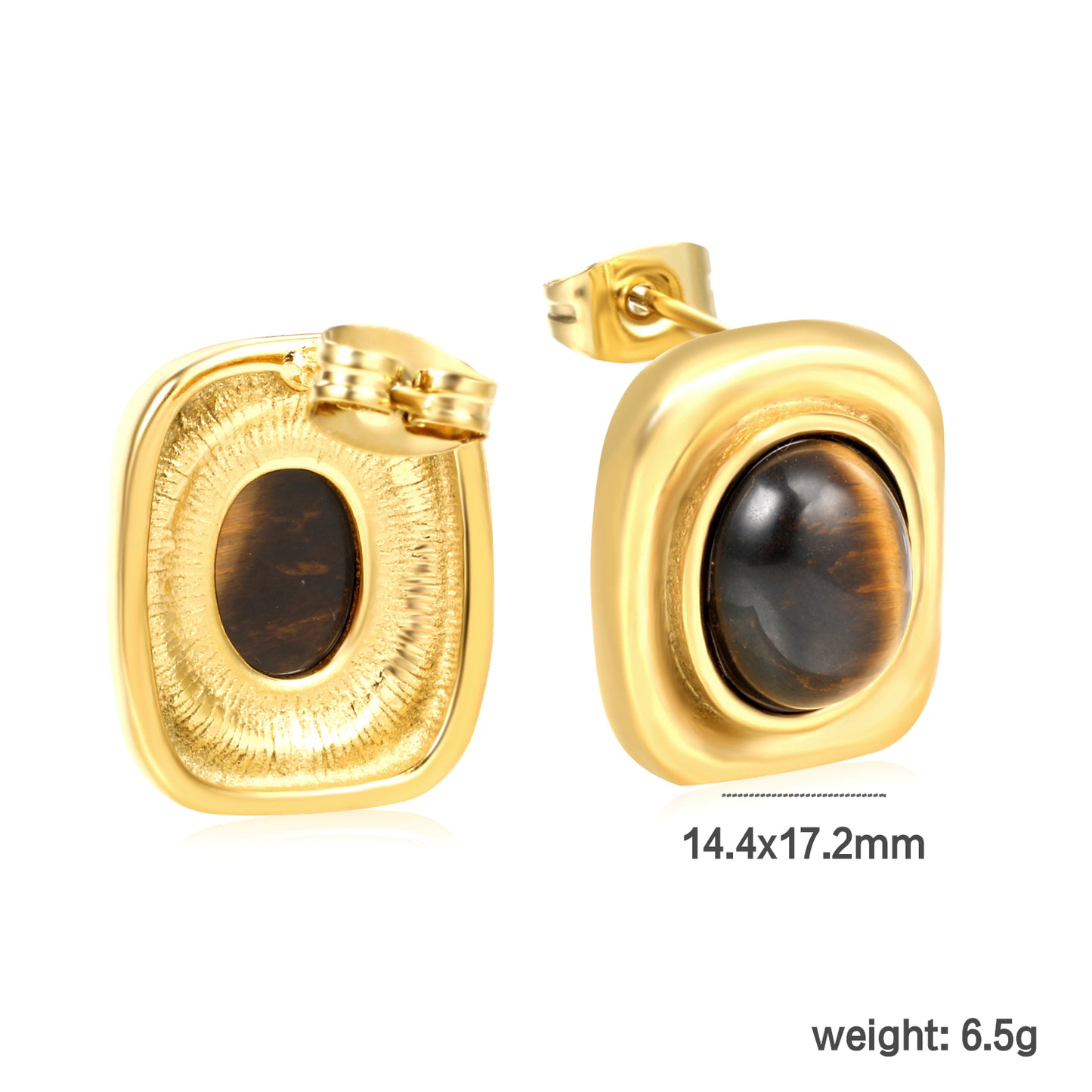 Wholesale Stainless Steel Natural Tiger Eye Stone Stud Earringsdimension diagram with measurements