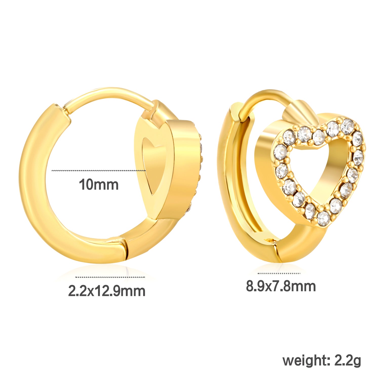 Wholesale Stainless Steel Romantic Hollow Heart Zircon Hoop Earringsdimension diagram with measurements