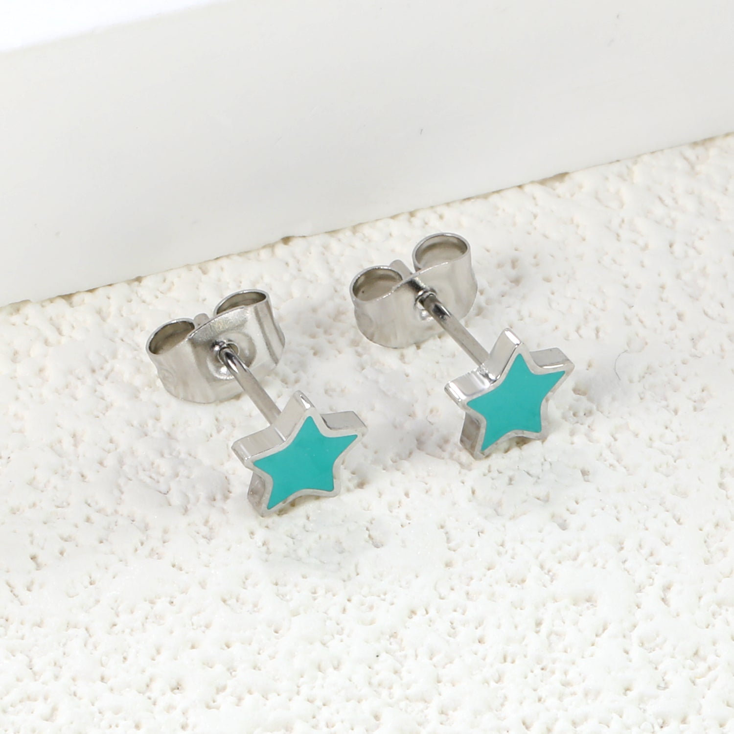Wholesale Stainless Steel Star with Mint Green Drip EarringsClose-ups of the gold plating and details