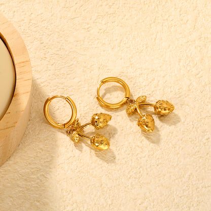 Wholesale Strawberry Earrings 18K Gold Plated Cute Dangle - Jacey JewelryClose-ups of the gold plating and details