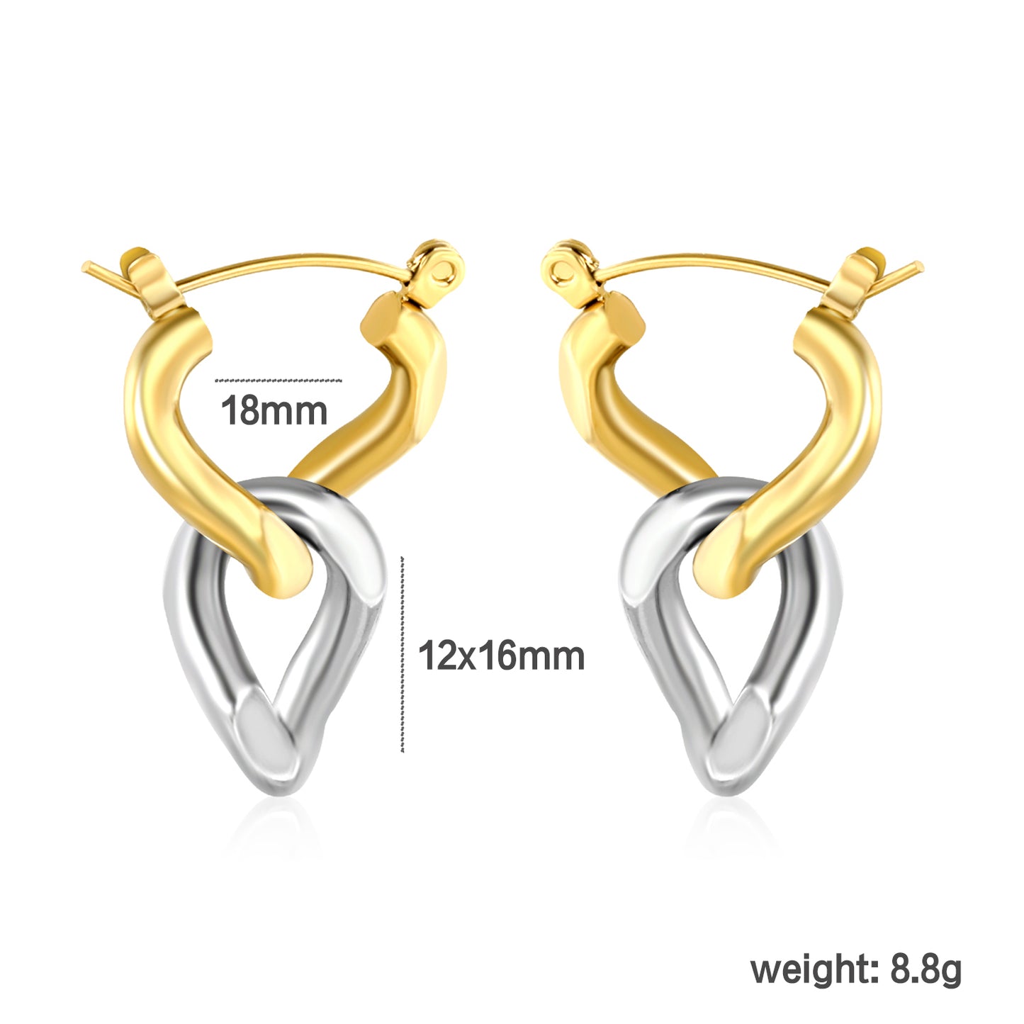 Wholesale Two-Tone Hoop Earrings Gold and Silver Interwoven Design Light Luxurydimension diagram with measurements