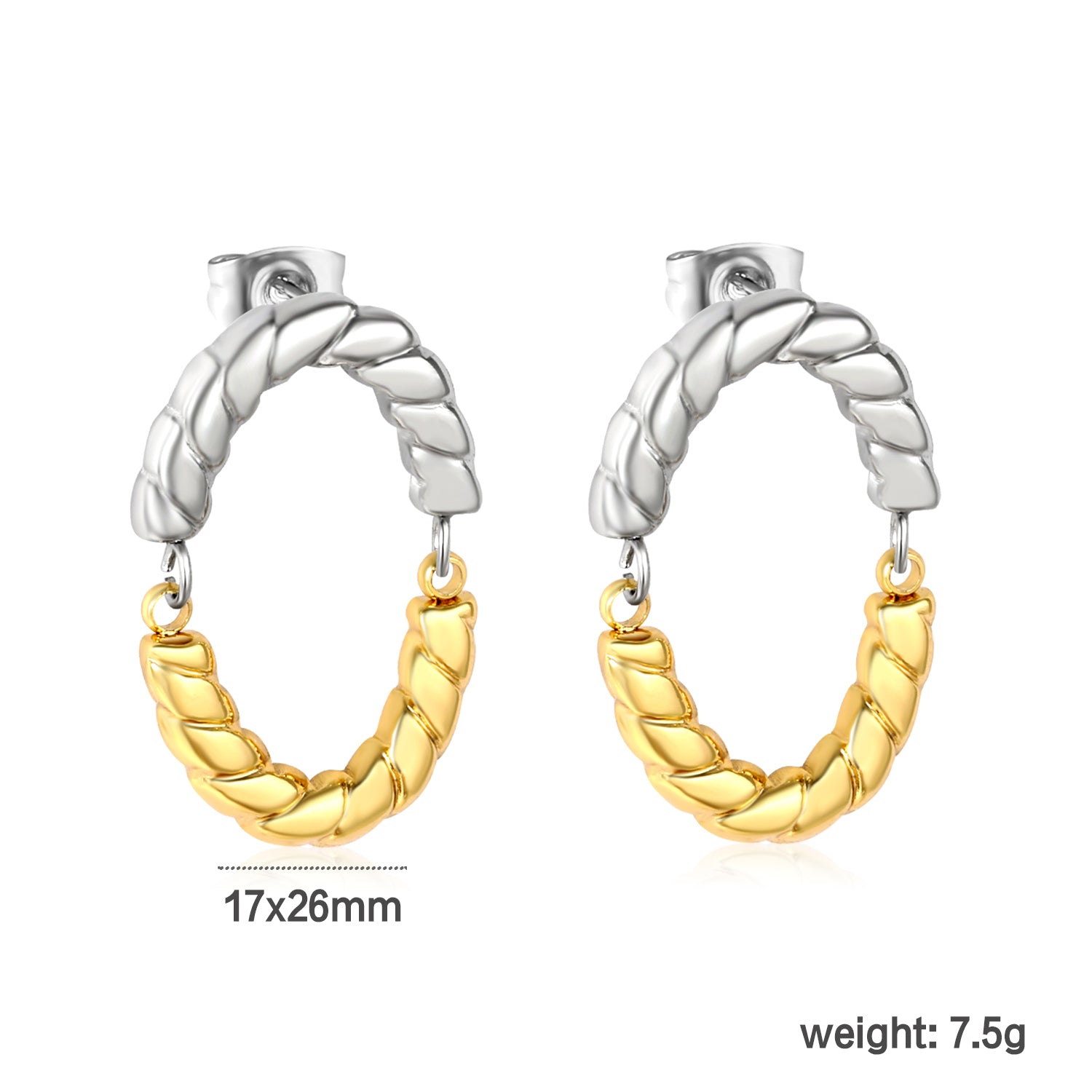 Wholesale Two-Tone Woven Hoop Earrings Gold and Silver Braid Industrial Luxurydimension diagram with measurements