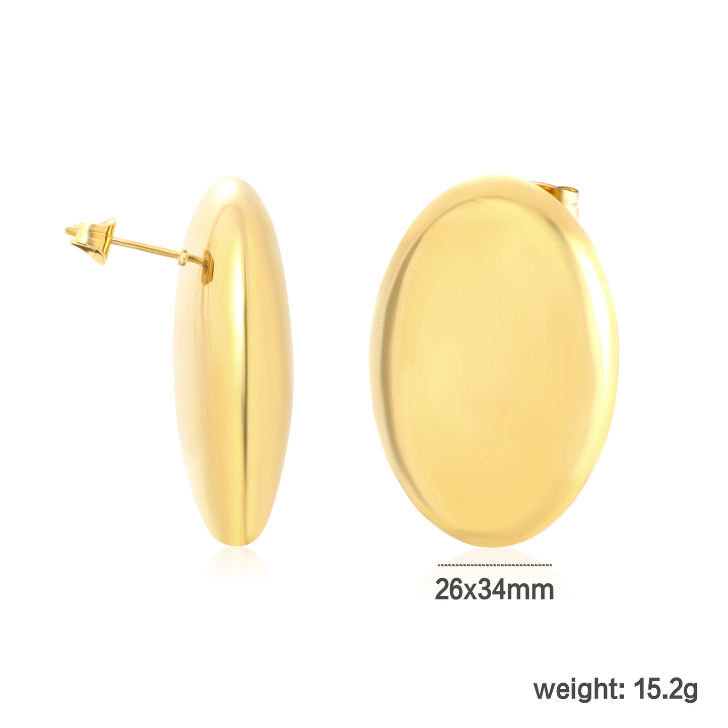 Wholesale Waterproof 18K PVD Gold Plated High Polish Oval Studsdimension diagram with measurements
