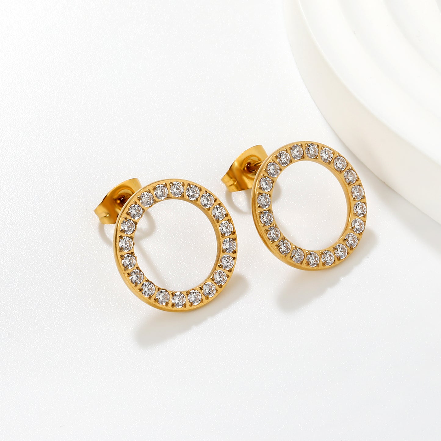 Wholesale Waterproof PVD Gold CNC CZ Hollow Circle Stud EarringsDetailed scene image
