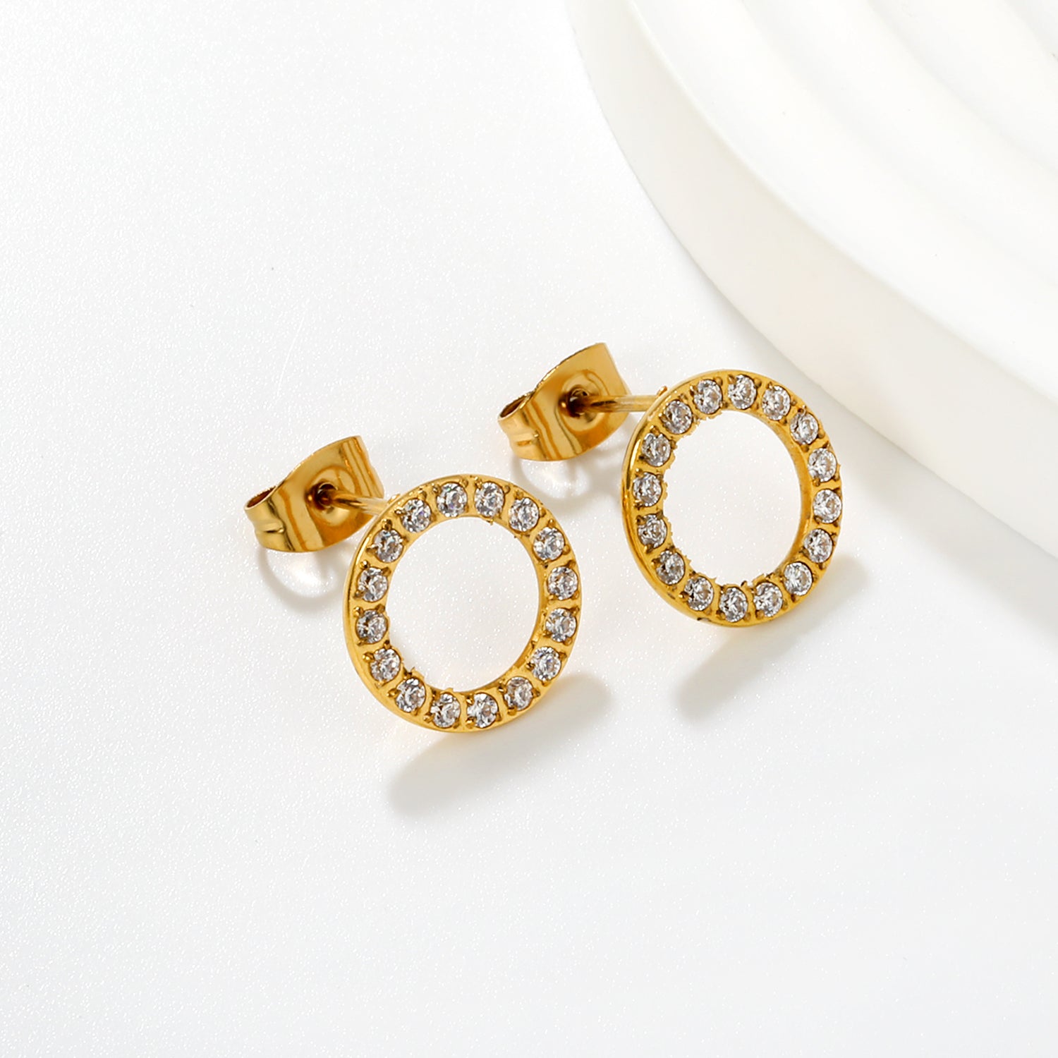 Wholesale Waterproof PVD Gold CNC CZ Hollow Circle Stud EarringsHigh-resolution scene image
