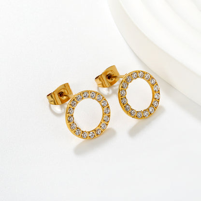 Wholesale Waterproof PVD Gold CNC CZ Hollow Circle Stud EarringsHigh-resolution scene image

