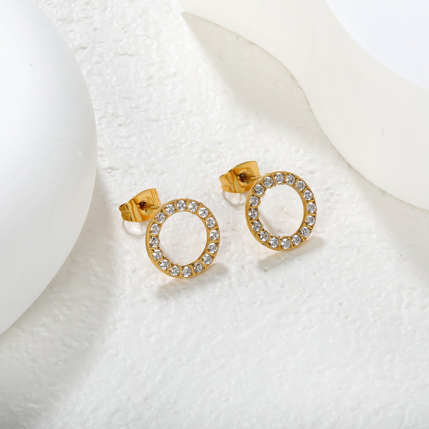 Wholesale Waterproof PVD Gold CNC CZ Hollow Circle Stud EarringsLight-colored scene image
