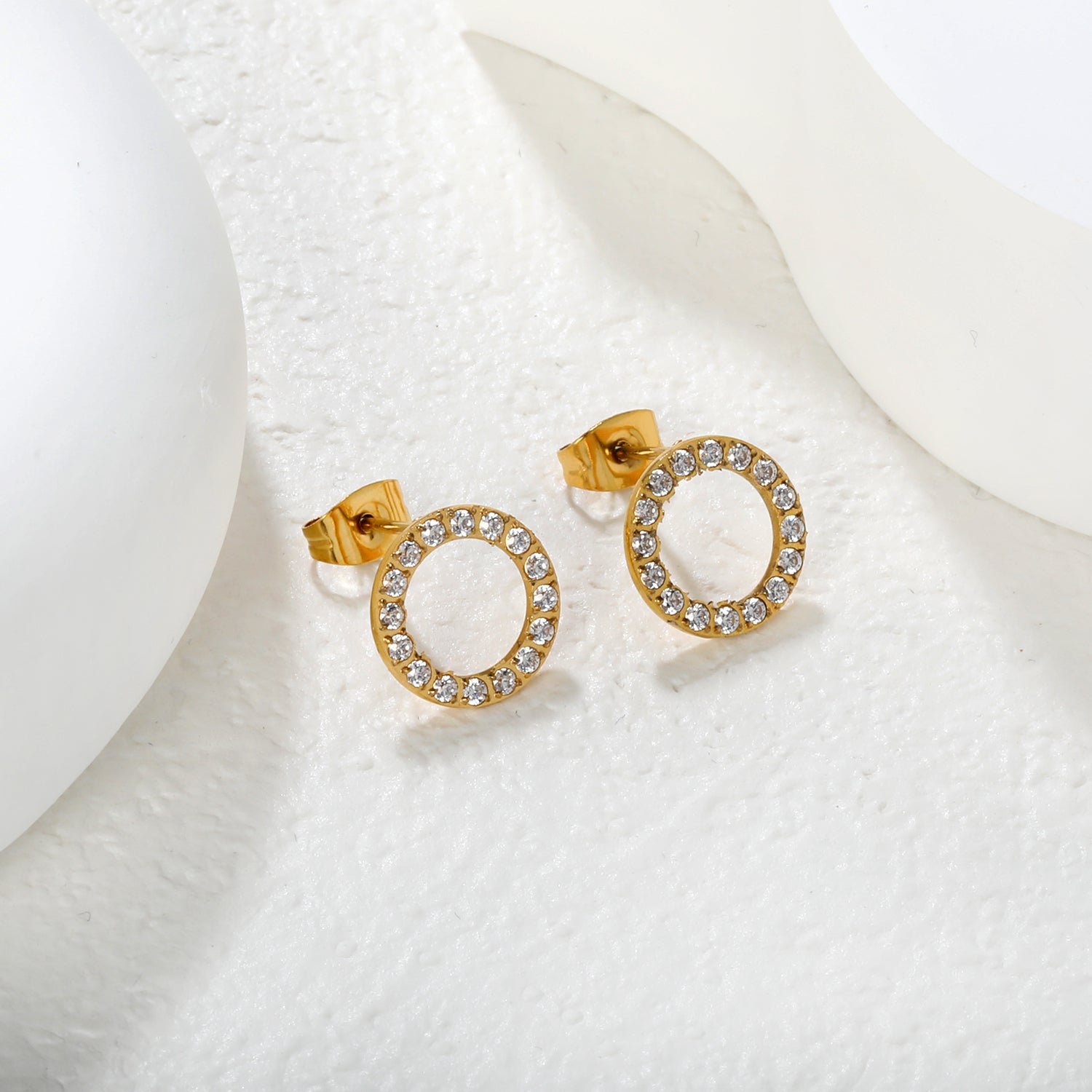 Wholesale Waterproof PVD Gold CNC CZ Hollow Circle Stud EarringsLight-colored scene image
