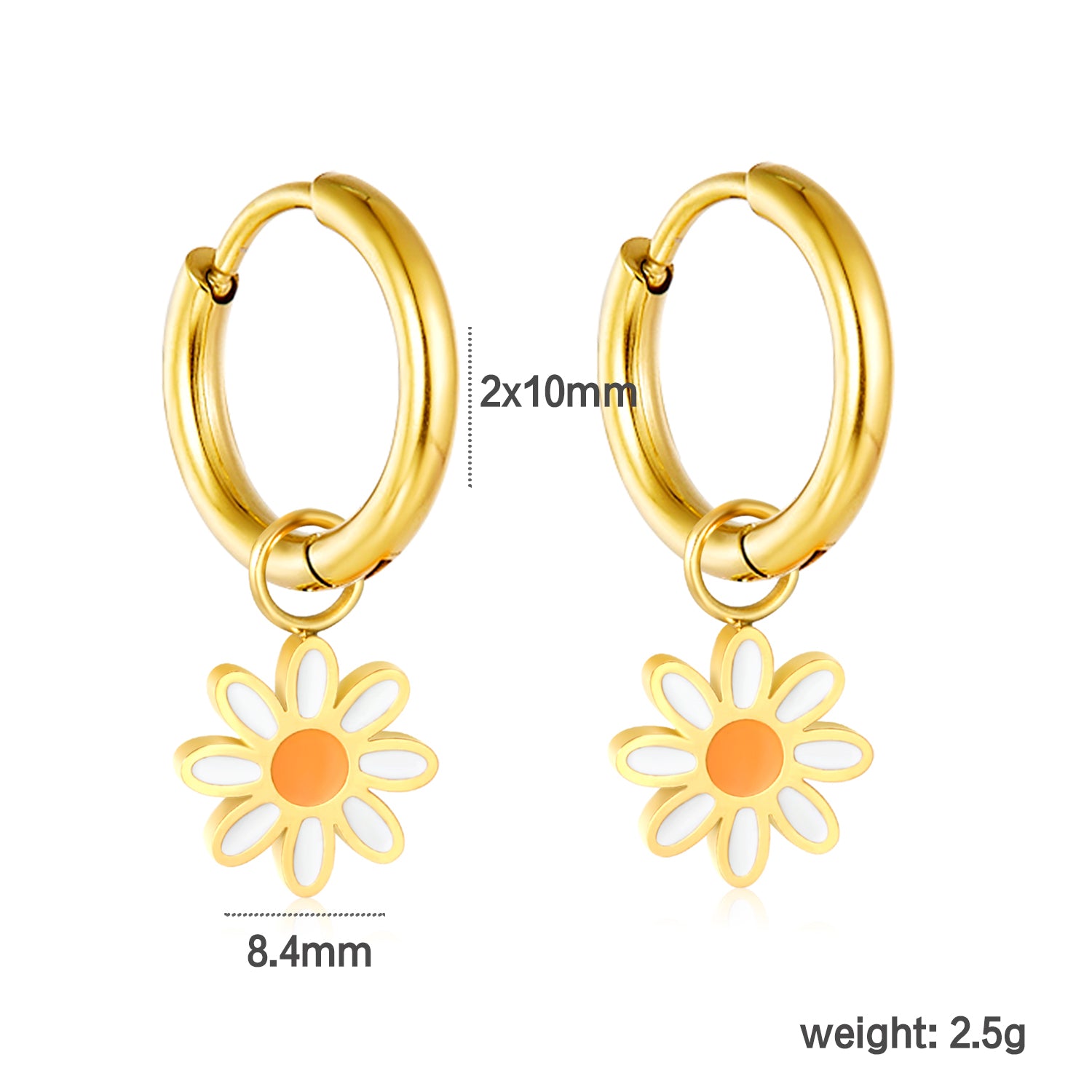 Wholesale Waterproof PVD Gold Orange Daisy Flower Hoop EarringsDimension diagram

