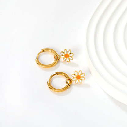 Wholesale Waterproof PVD Gold Orange Daisy Flower Hoop EarringsHigh-resolution scene image
