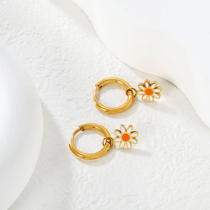 Wholesale Waterproof PVD Gold Orange Daisy Flower Hoop EarringsLight-colored scene image
