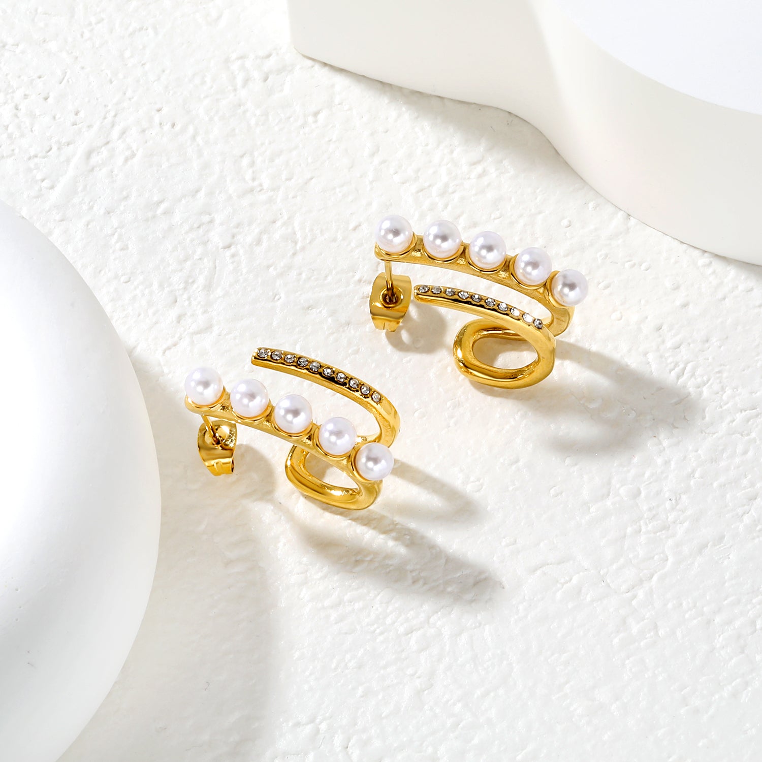 Wholesale Waterproof PVD Gold Plated Initial D Pearl Drop EarringsHigh-resolution Lifestyle Photos