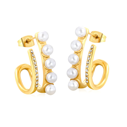 Wholesale Waterproof PVD Gold Plated Initial D Pearl Drop EarringsHigh-resolution on white background