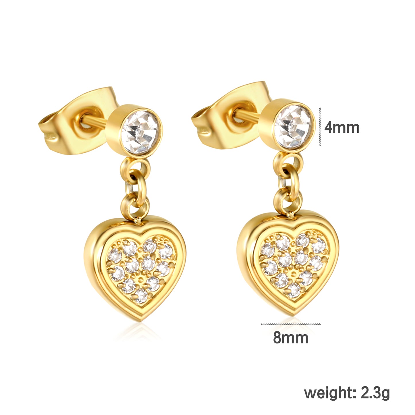 Wholesale Waterproof PVD Gold Plated Pave Heart Drop HoopsDimension diagram
