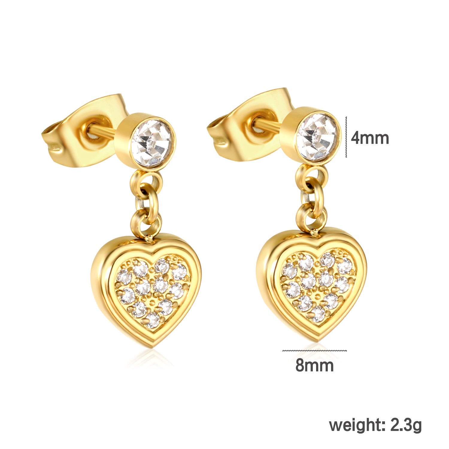 Wholesale Waterproof PVD Gold Plated Pave Heart Drop HoopsDimension diagram
