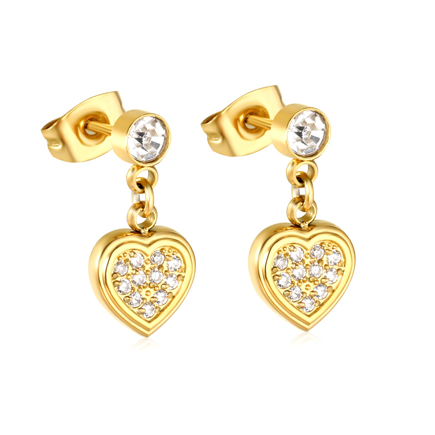 Wholesale Waterproof PVD Gold Plated Pave Heart Drop HoopsHigh-resolution white background image
