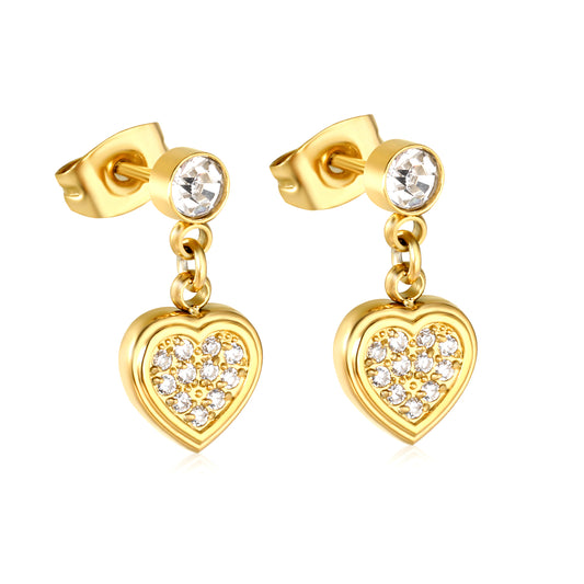 Wholesale Waterproof PVD Gold Plated Pave Heart Drop HoopsHigh-resolution white background image

