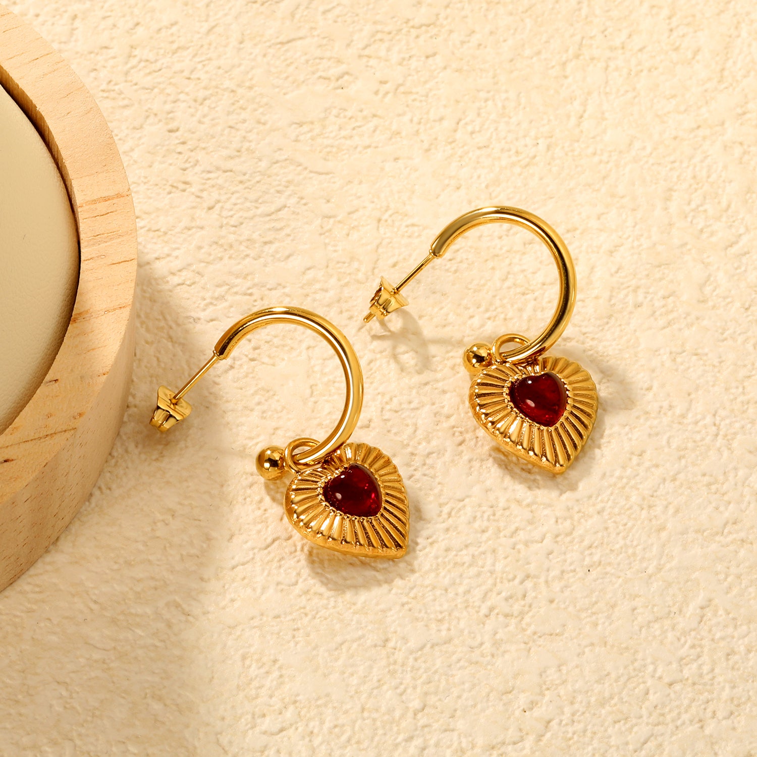 Wholesale Waterproof PVD Gold Plated Red Gem Heart Drop HoopsDetailed scene image