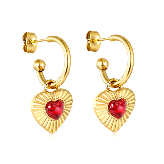 Wholesale Waterproof PVD Gold Plated Red Gem Heart Drop HoopsHigh-resolution white background image
