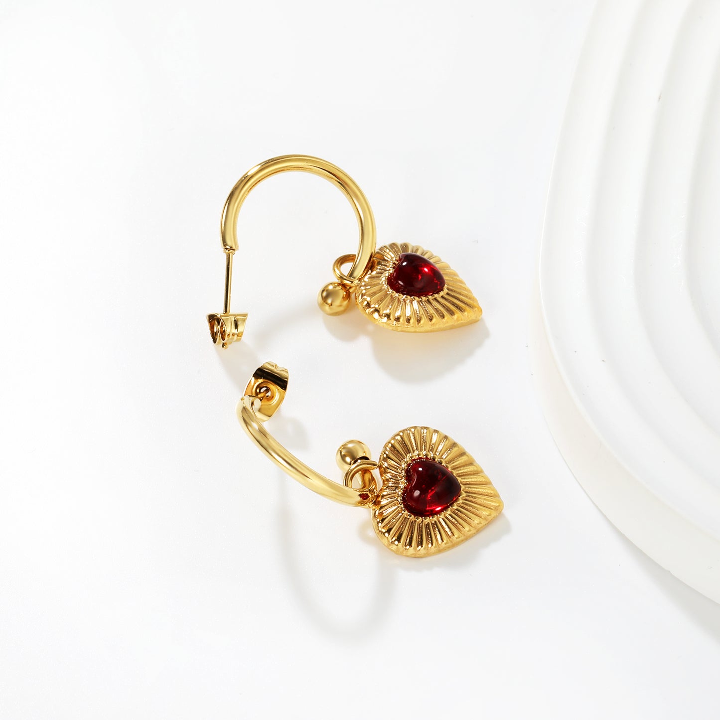 Wholesale Waterproof PVD Gold Plated Red Gem Heart Drop HoopsLight-colored scene image