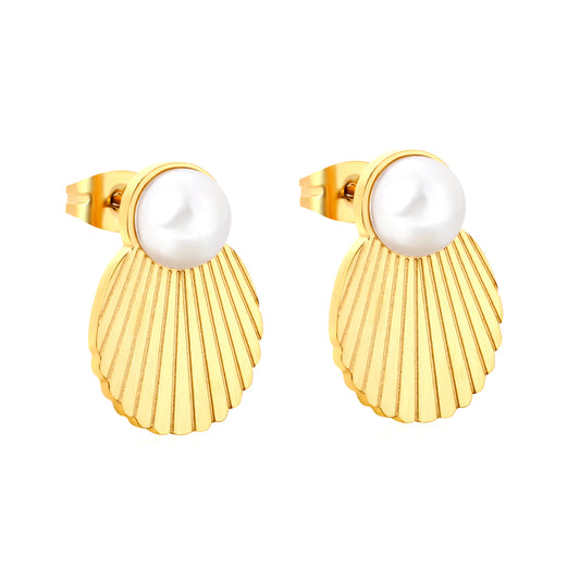 Wholesale Waterproof PVD Gold Plated Textured Seashell Pearl StudsHigh-resolution on white background