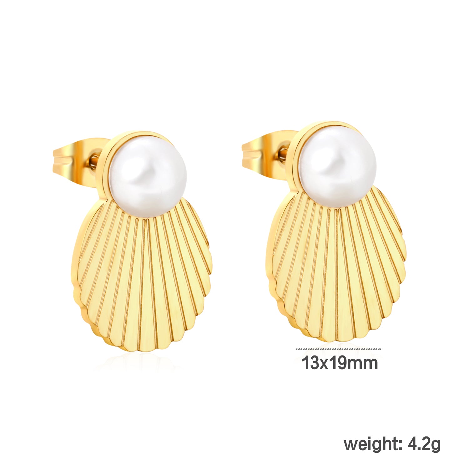 Wholesale Waterproof PVD Gold Plated Textured Seashell Pearl Studsdimension diagram with measurements