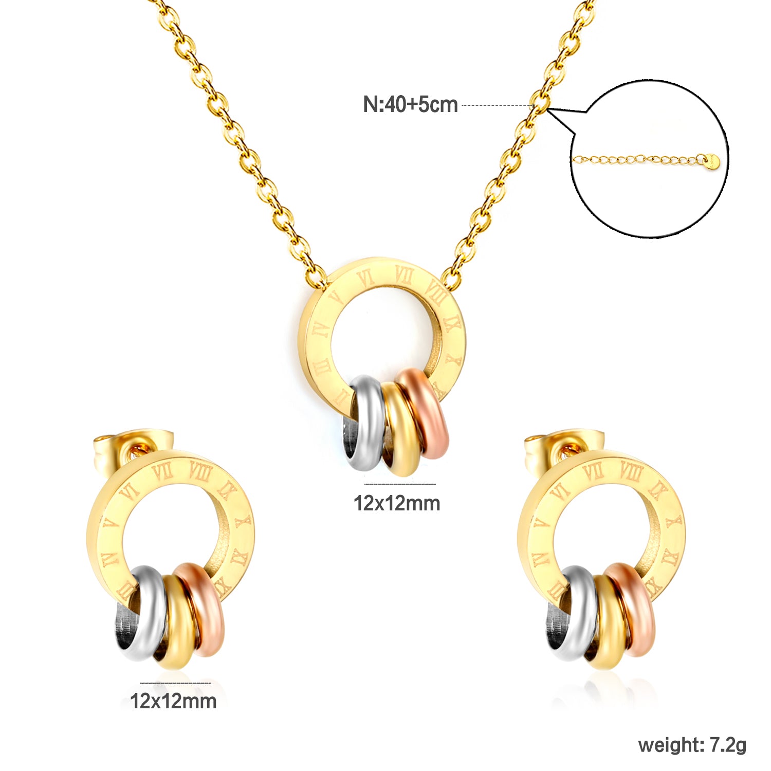 Wholesale Waterproof PVD Roman Numeral Hollow Three-Color Jewelry SetDimension diagram
