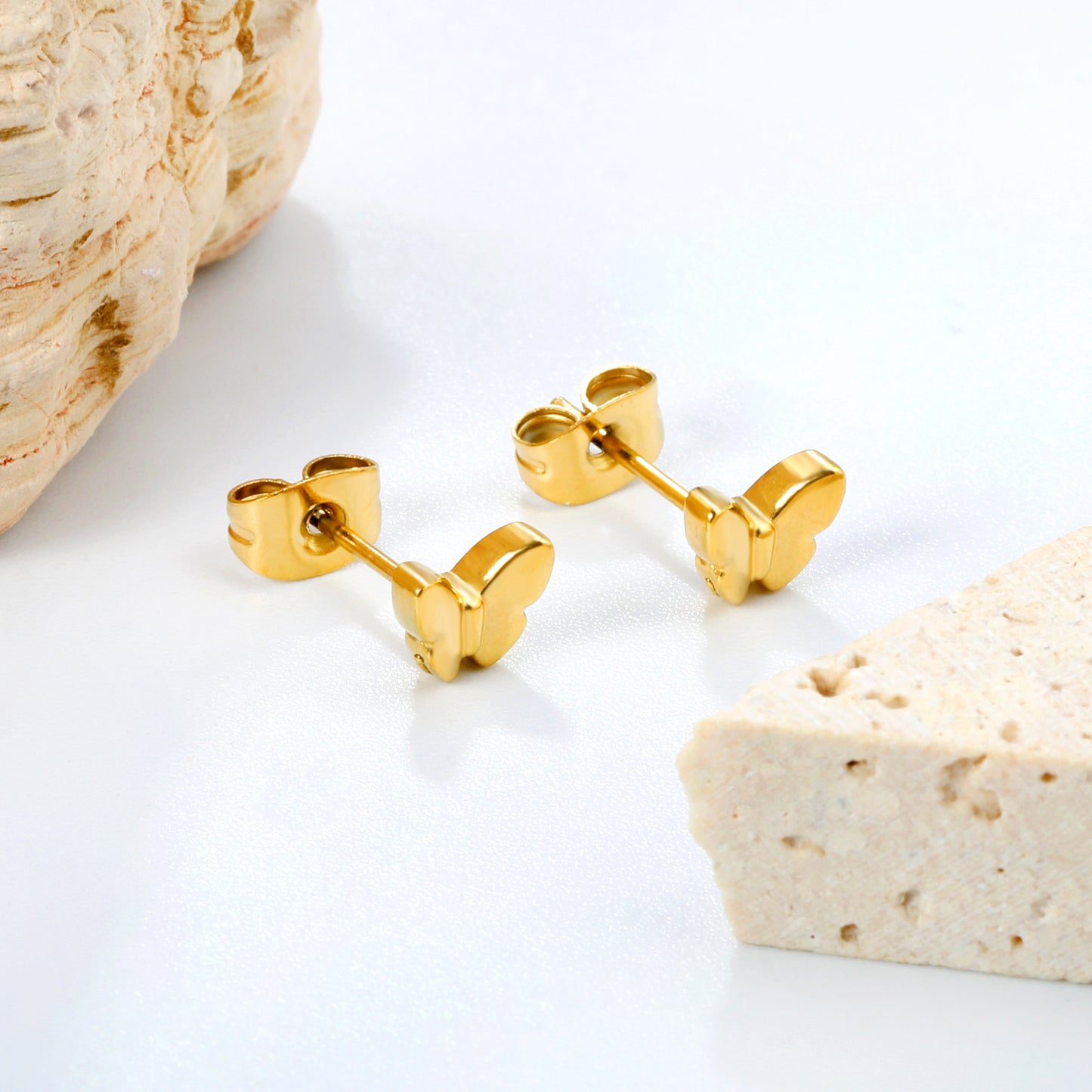 Wholesale stainless steel 18K gold plated butterfly regular pin earringsHigh-resolution Lifestyle Photos