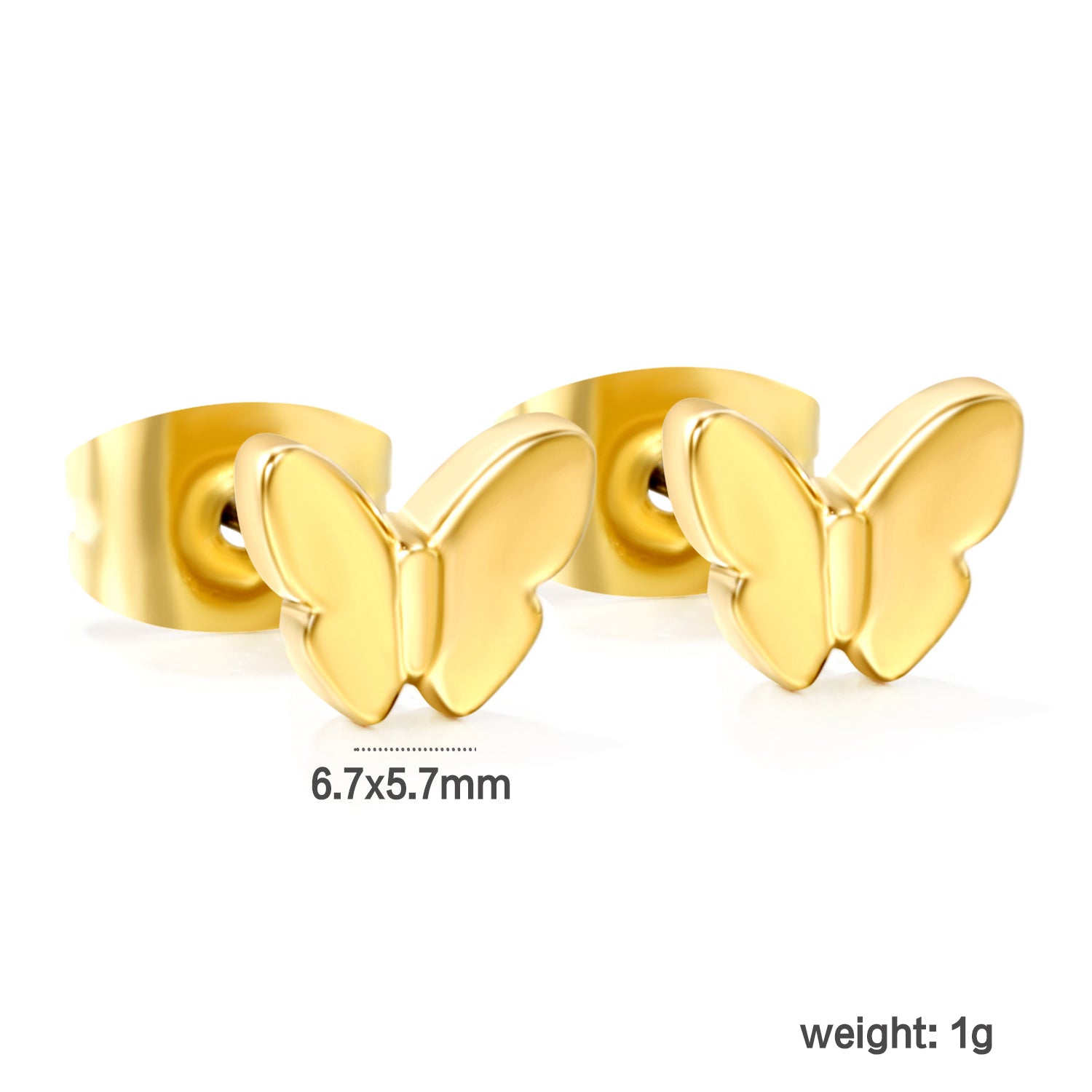 Wholesale stainless steel 18K gold plated butterfly regular pin earringsdimension diagram with measurements