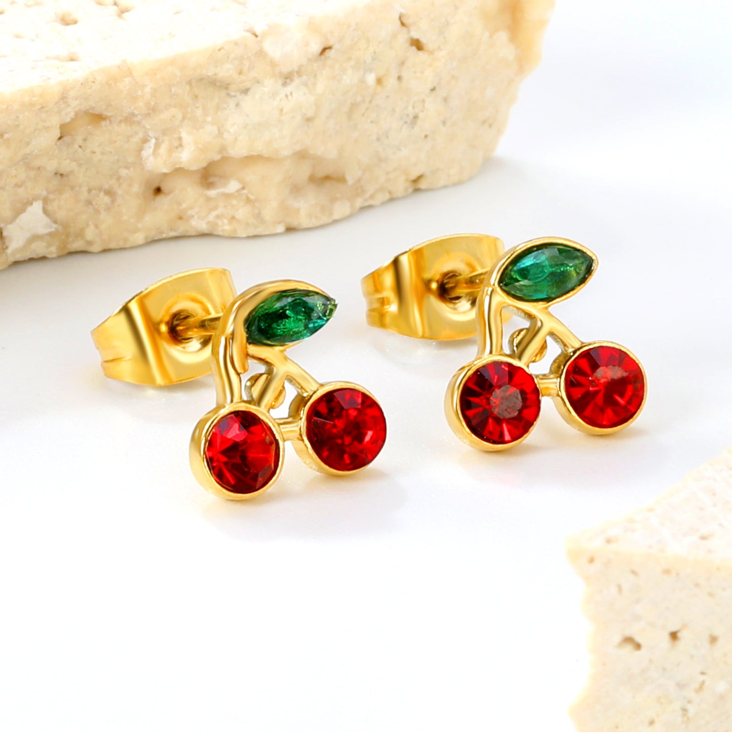 Wholesale stainless steel 18K gold plated cherry green diamonds + white diamonds ordinary pin earringsHigh-resolution Lifestyle Photos