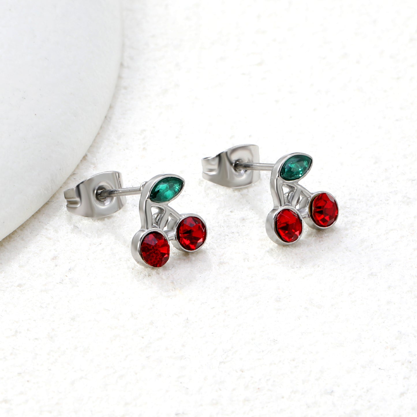 Wholesale stainless steel 18K gold plated cherry green diamonds + white diamonds ordinary pin earringsHigh-resolution Lifestyle Photos_silver