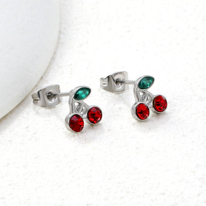 Wholesale stainless steel 18K gold plated cherry green diamonds + white diamonds ordinary pin earringsHigh-resolution Lifestyle Photos_silver