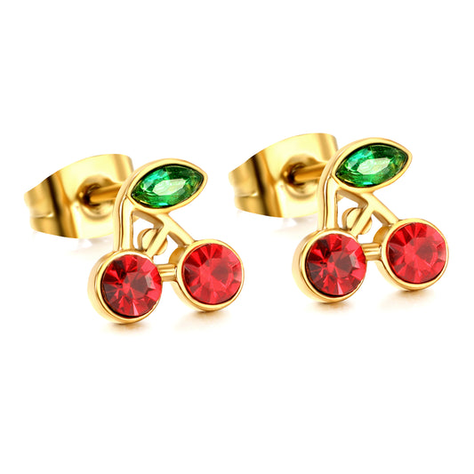 Wholesale stainless steel 18K gold plated cherry green diamonds + white diamonds ordinary pin earringsHigh-resolution on white background