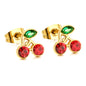 Wholesale stainless steel 18K gold plated cherry green diamonds + white diamonds ordinary pin earringsHigh-resolution on white background