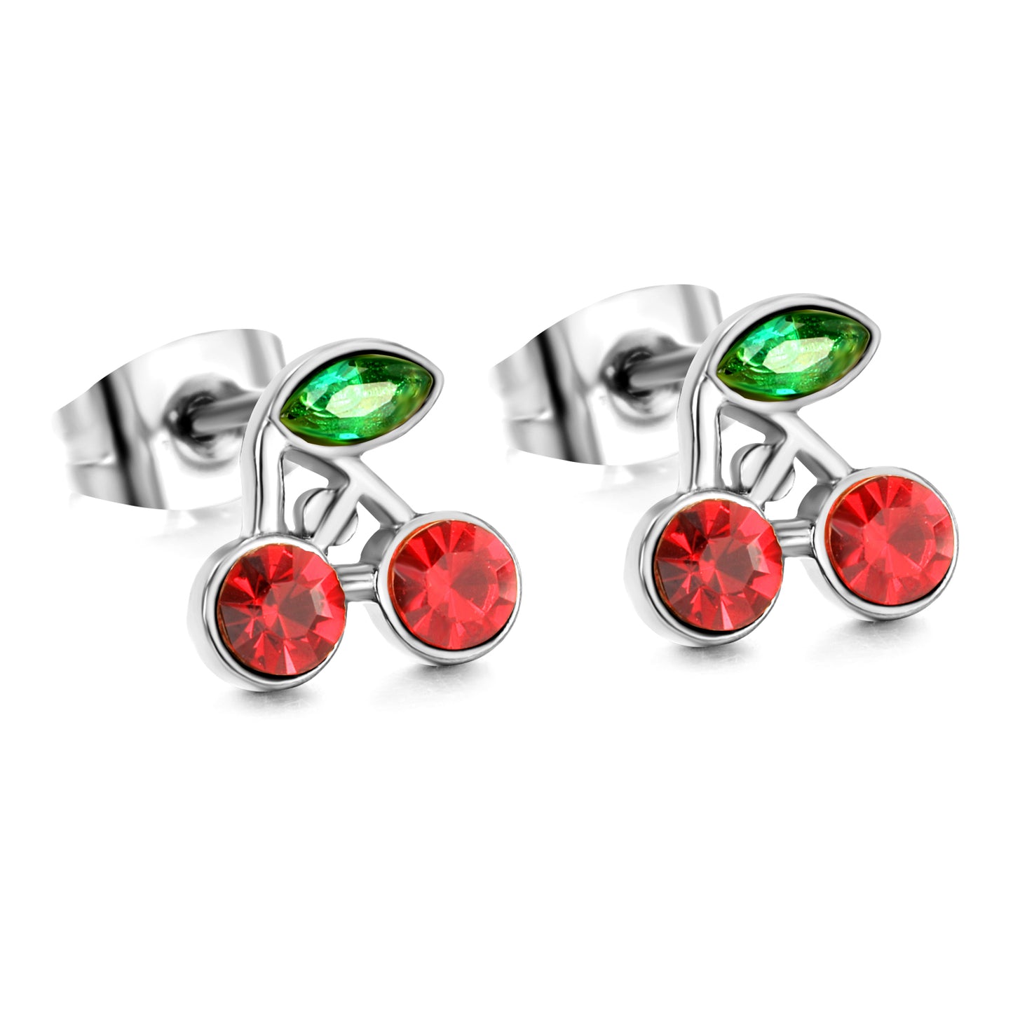 Wholesale stainless steel 18K gold plated cherry green diamonds + white diamonds ordinary pin earringsHigh-resolution on white background_silver