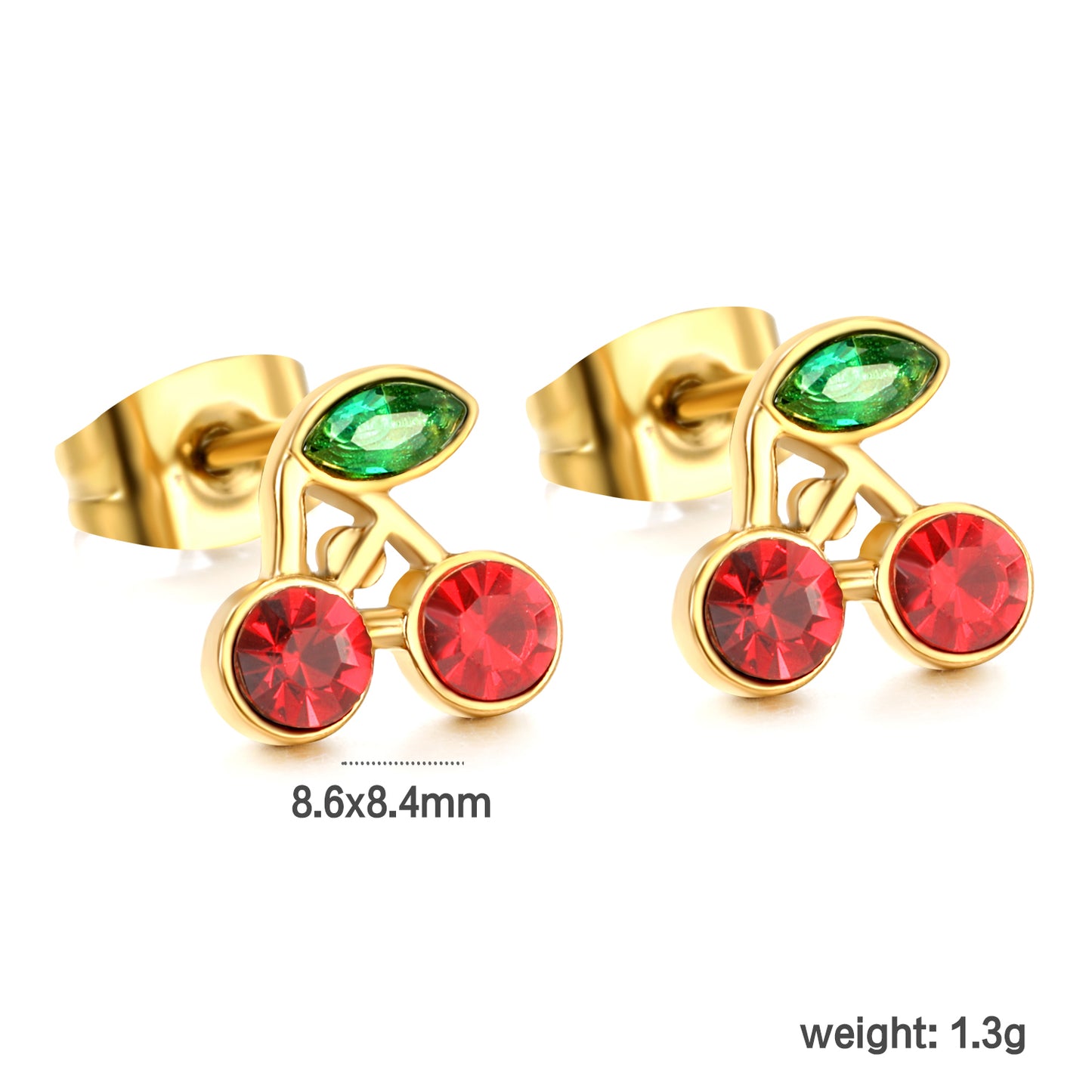 Wholesale stainless steel 18K gold plated cherry green diamonds + white diamonds ordinary pin earringsdimension diagram with measurements