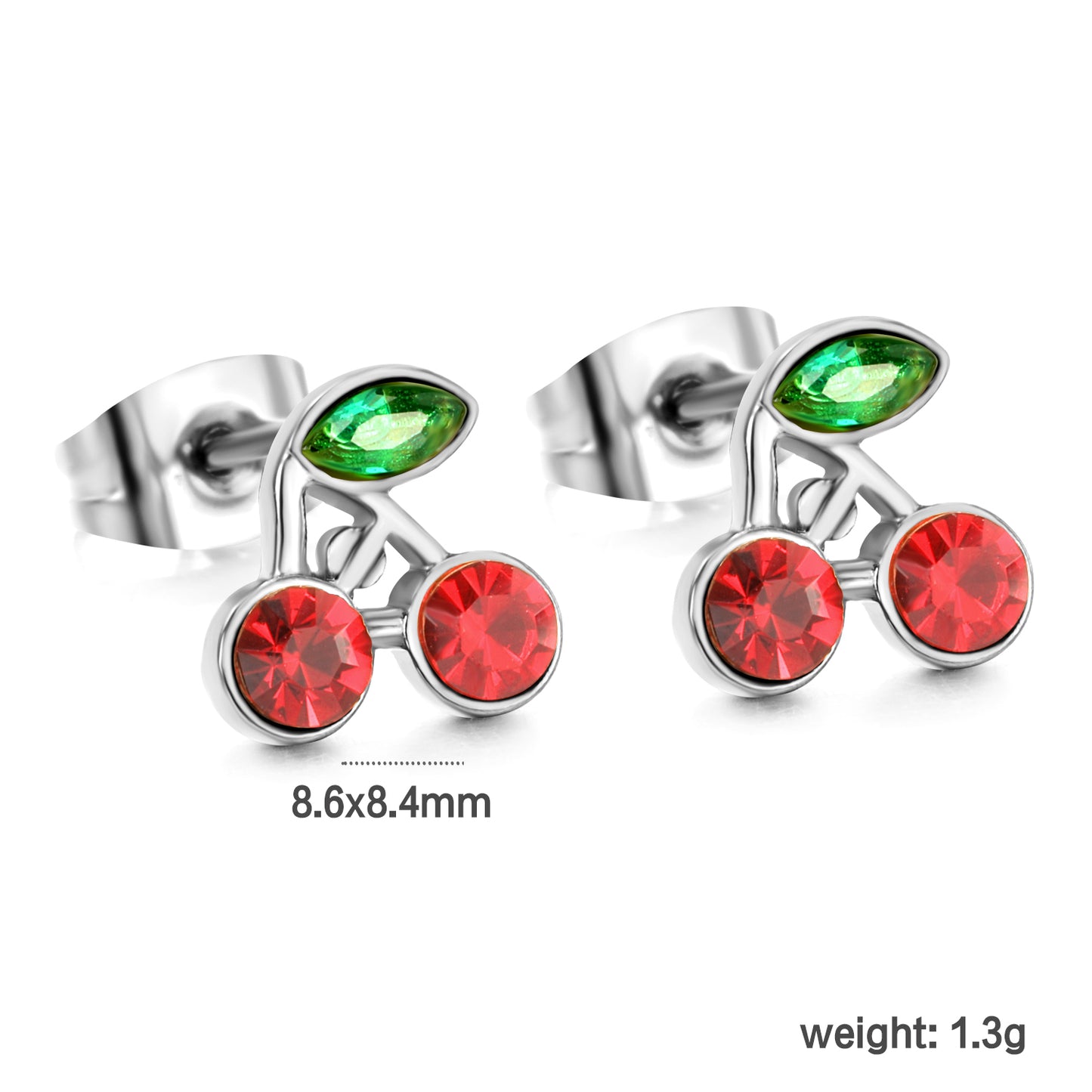 Wholesale stainless steel 18K gold plated cherry green diamonds + white diamonds ordinary pin earringsdimension diagram with measurements_silver