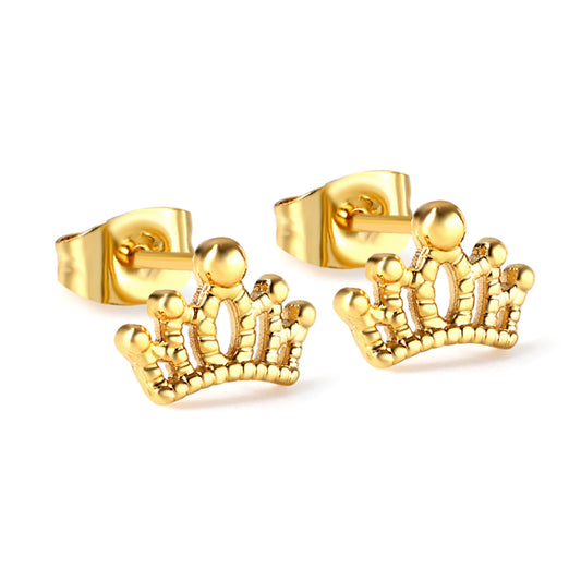 Wholesale stainless steel 18K gold plated crown regular pin earringsHigh-resolution on white background