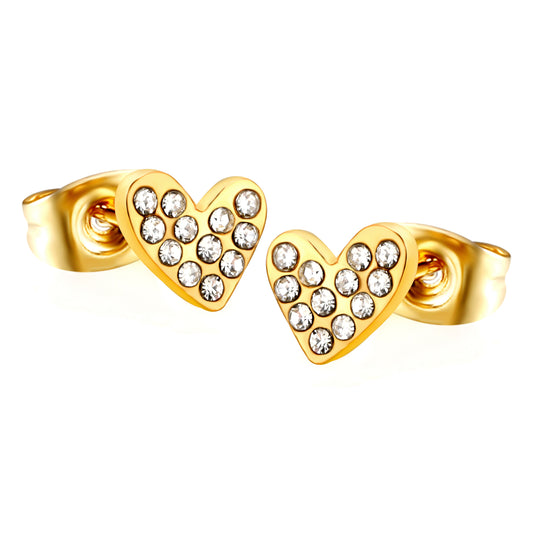 Wholesale stainless steel 18K gold plated heart-shaped white diamonds ordinary pin earringsHigh-resolution on white background
