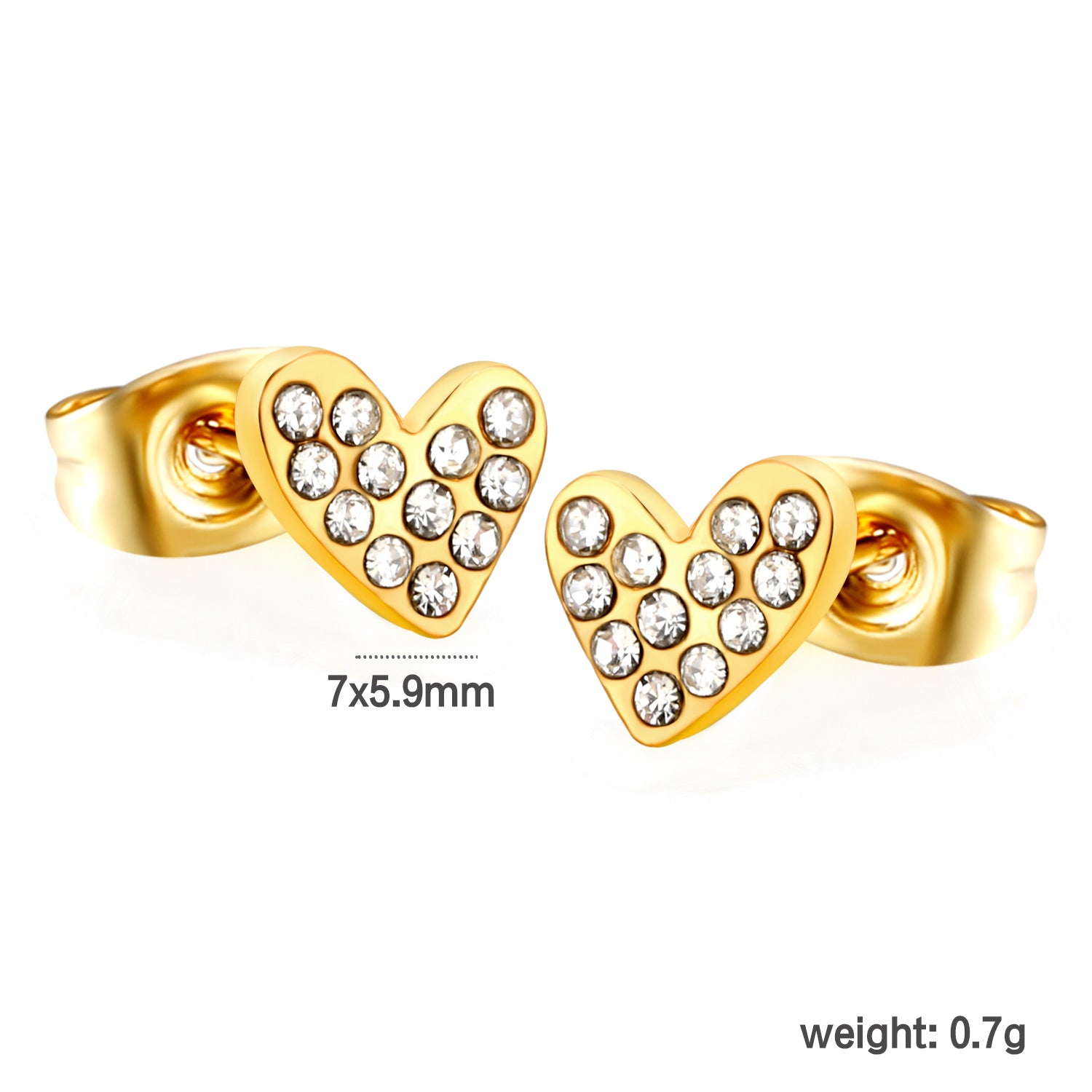 Wholesale stainless steel 18K gold plated heart-shaped white diamonds ordinary pin earringsdimension diagram with measurements