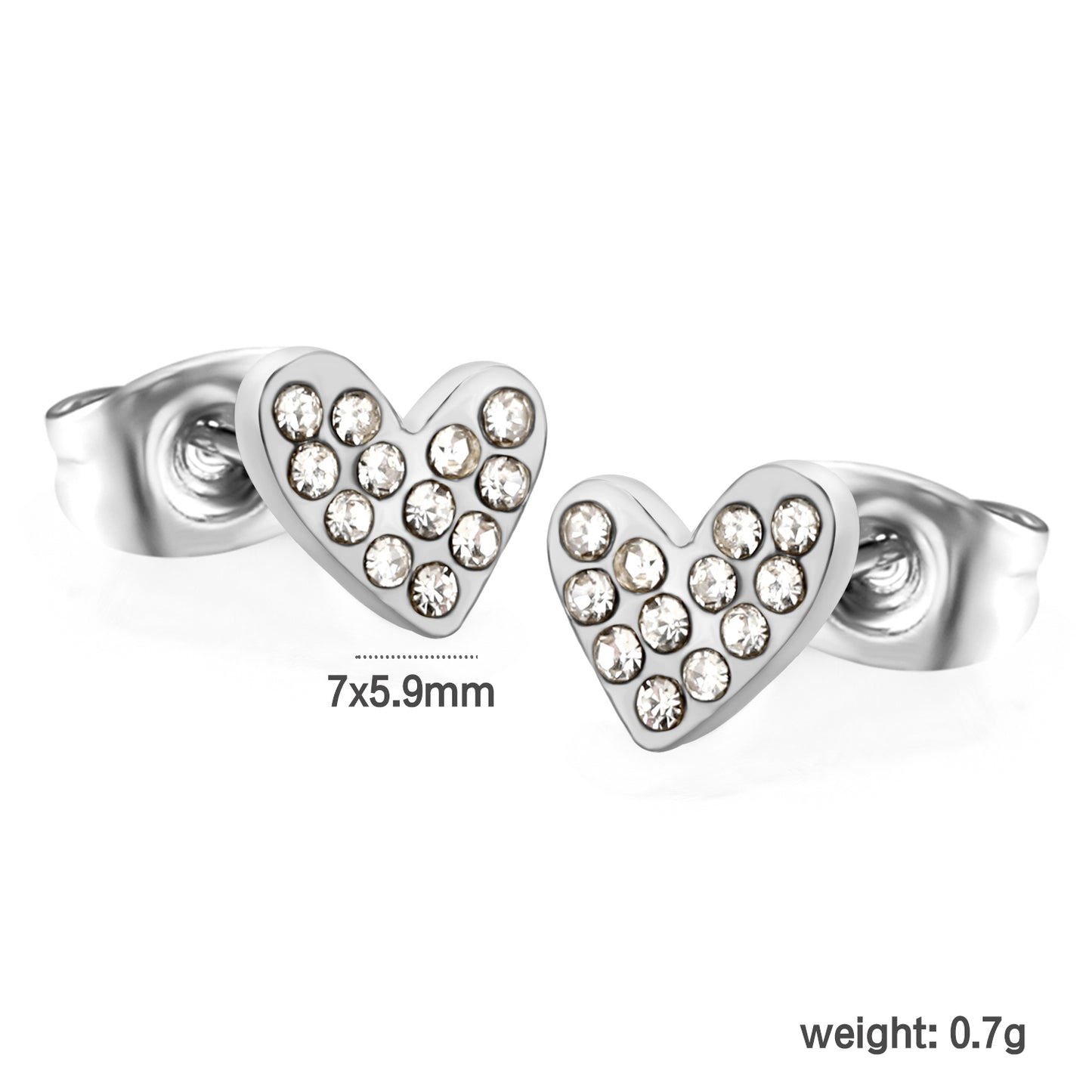 Wholesale stainless steel 18K gold plated heart-shaped white diamonds ordinary pin earringsdimension diagram with measurements_silver